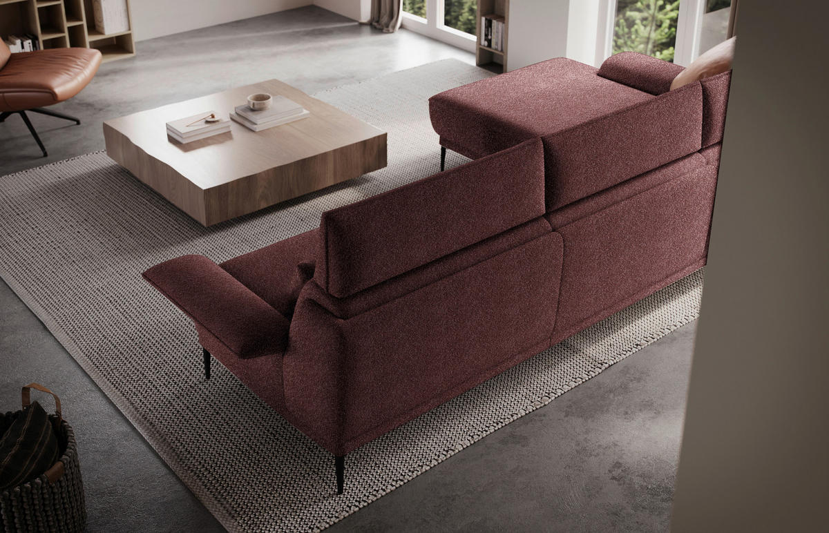 ECKSOFA in Bouclé Bordeaux  - Bordeaux/Schwarz, Modern, Textil/Metall (186/330cm) - Johann Jakob