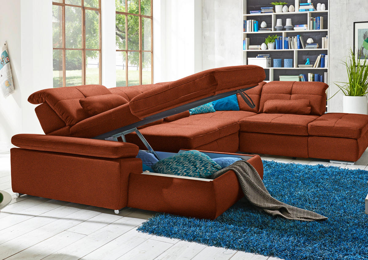 WOHNLANDSCHAFT Mikrofaser Terracotta  - Chromfarben/Terracotta, Design, Textil (195/371/260cm) - Beldomo Style