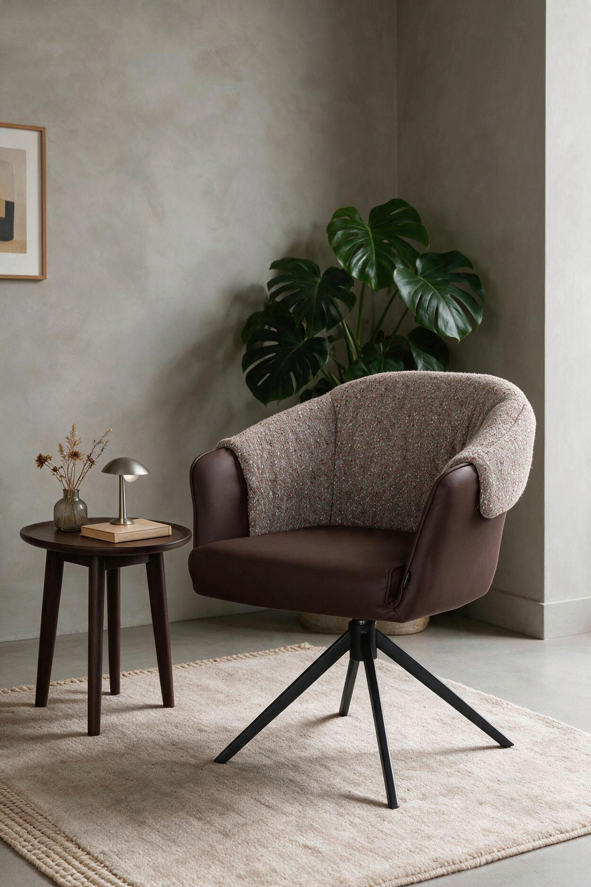 ARMLEHNSTUHL  Sitzfläche 360° drehbar, automatische Rückholfunktion Lederlook, Leinenoptik  Braun, Schwarz  - Schwarz/Braun, Design, Textil/Metall (68,5/83/65,5cm) - Carryhome