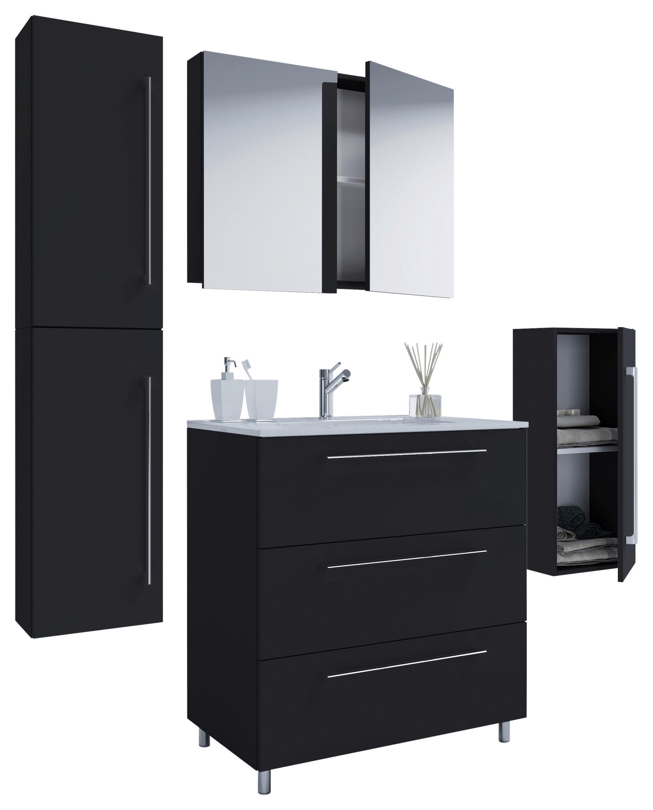 BADEZIMMER 5-teilig  in 126 cm  - Alufarben/Schwarz, MODERN, Keramik/Holzwerkstoff (126cm) - MID.YOU