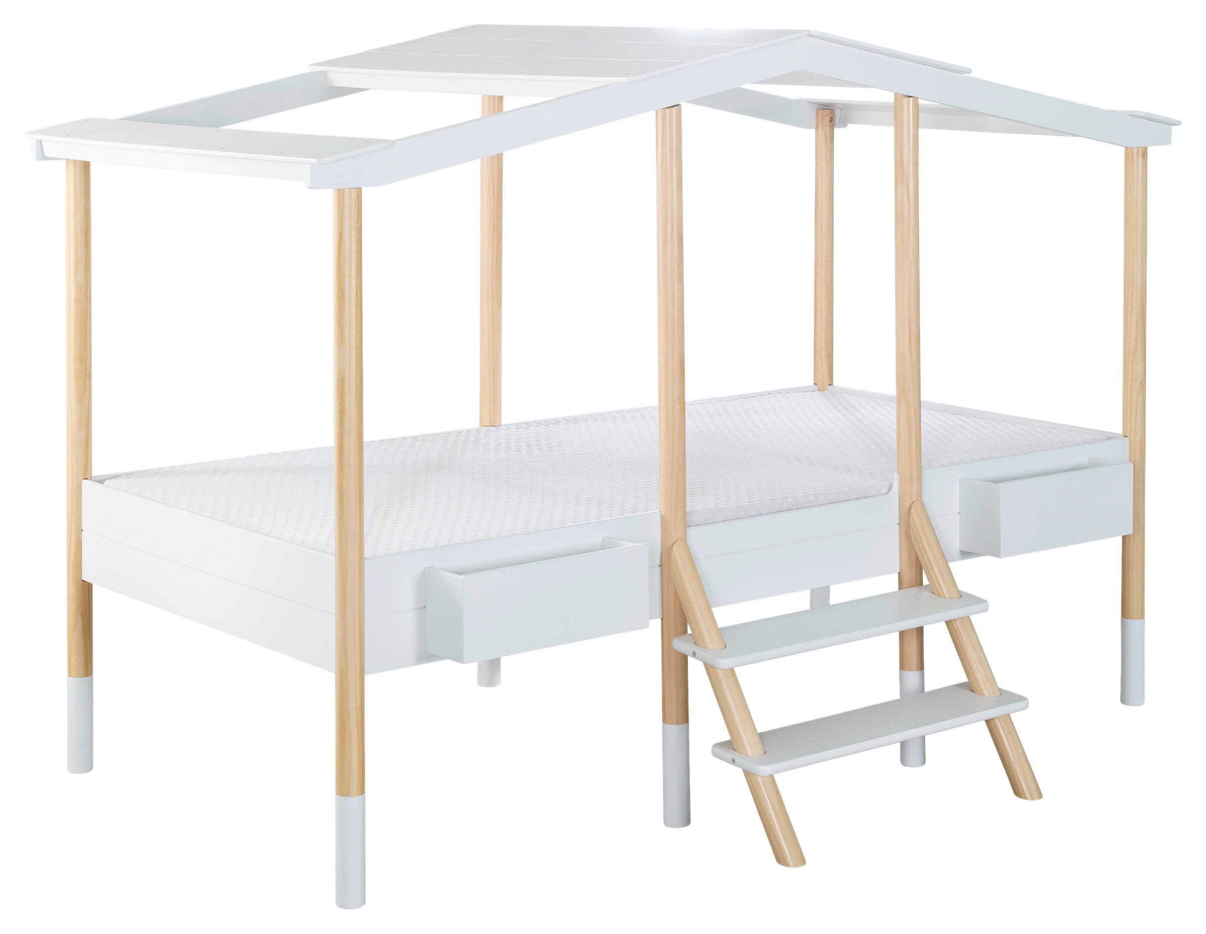 HAUSBETT 90/200 cm,  in Weiß, Kieferfarben, Leiter, Lattenrost  - Weiß/Kieferfarben, Basics, Holz (90/200cm) - Xora