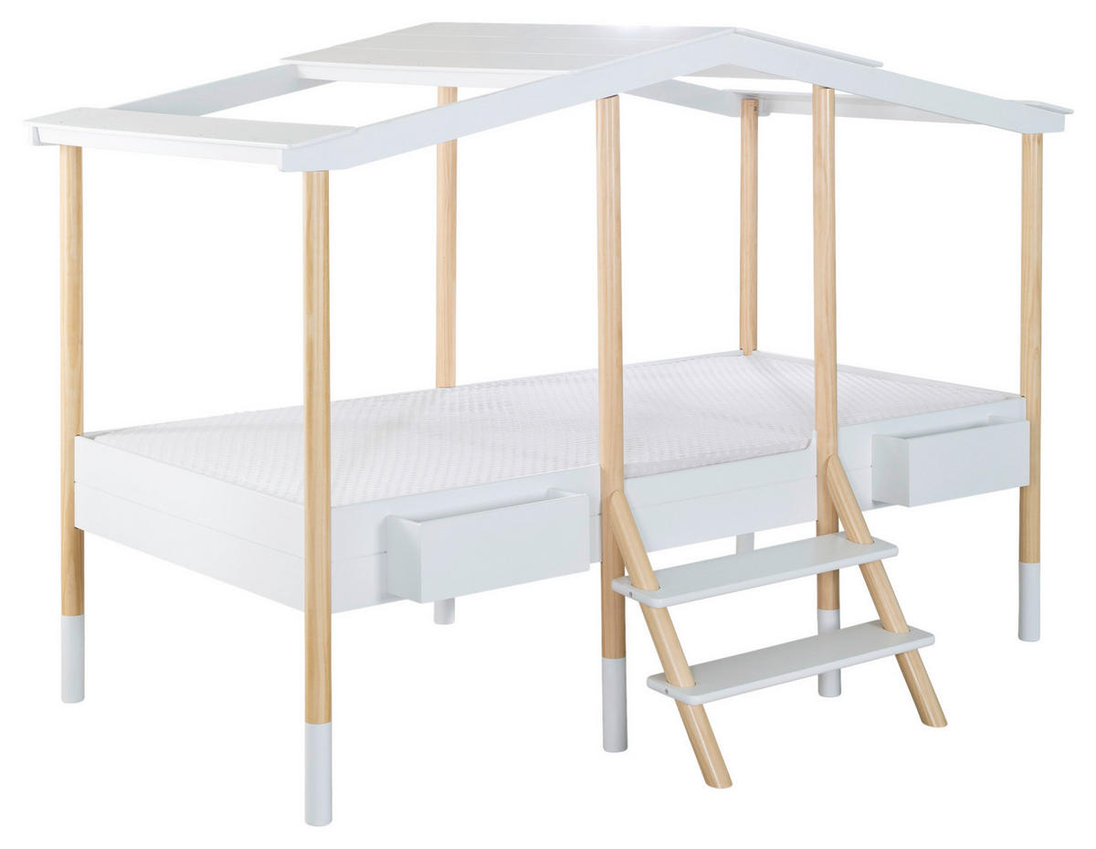 HAUSBETT 90/200 cm,  in Weiß, Kieferfarben, Leiter, Lattenrost  - Weiß/Kieferfarben, Basics, Holz (90/200cm) - Xora