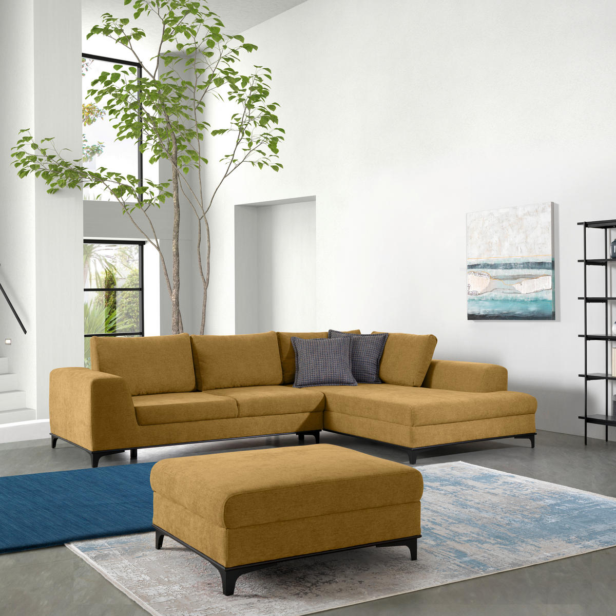 ECKSOFA inkl. Funktionen Senfgelb Webstoff Rückenkissen, Bettkasten, Schlaffunktion, Rücken echt  - Wengefarben/Senfgelb, Design, Holz/Textil (314/211cm) - Stylife