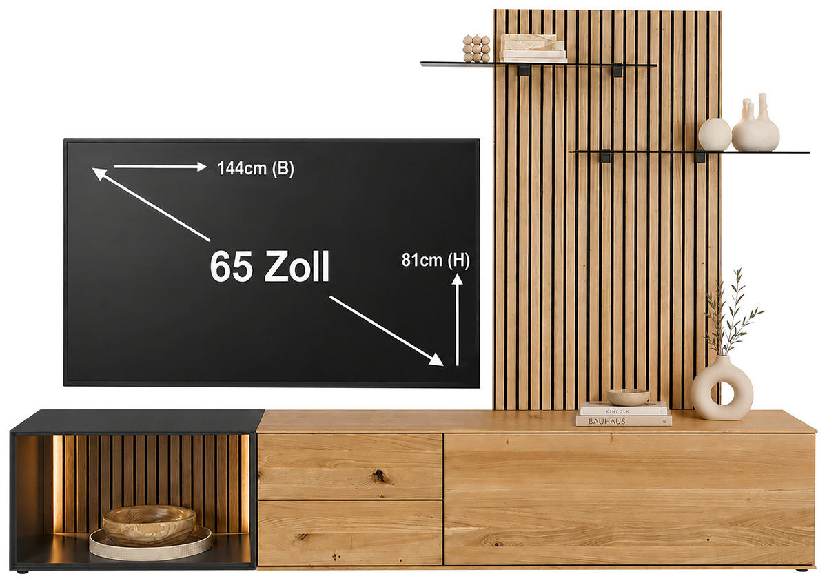 WOHNWAND 3-teilig  in Anthrazit, Eichefarben  261/204/50 cm  LED-Leuchtmittel   - Eichefarben/Anthrazit, Design, Glas/Holz (261/204/50cm) - Dieter Knoll