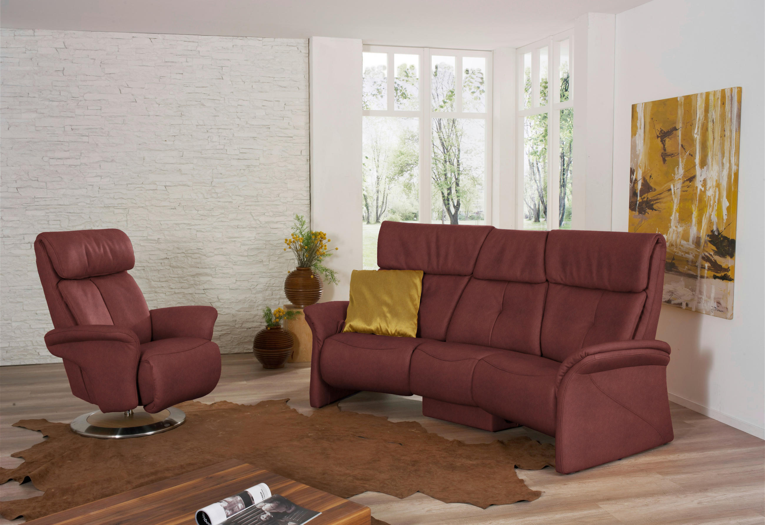 TRAPEZSOFA  in Echtleder Rotbraun  - Rotbraun/Naturfarben, KONVENTIONELL, Leder/Holz (208/103/105cm) - Himolla Komfortklass