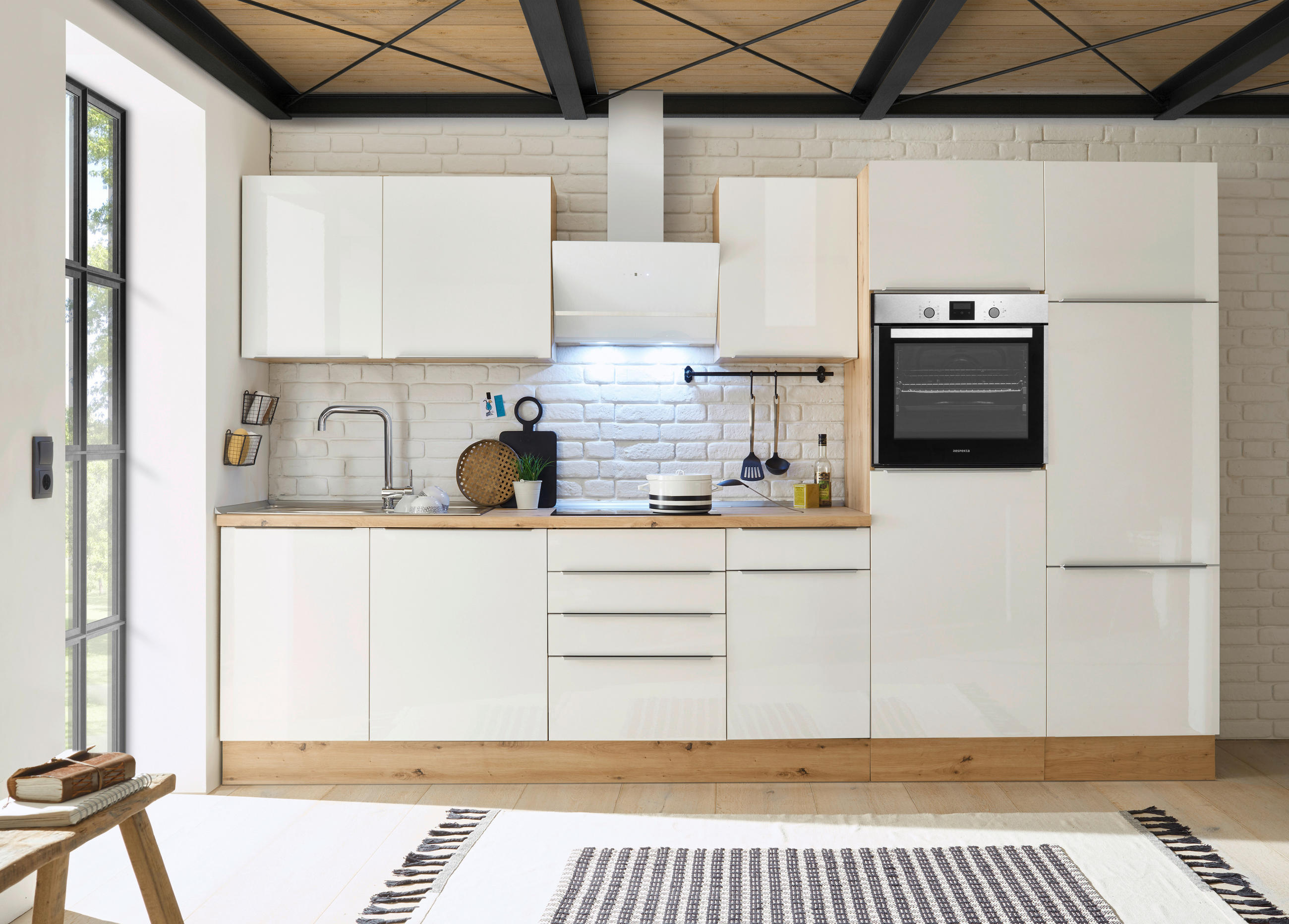 KÜCHENBLOCK 340 cm   in Eiche Artisan, Weiß Hochglanz  - Weiß Hochglanz/Alufarben, LIFESTYLE, Holzwerkstoff/Kunststoff (340cm) - Respekta