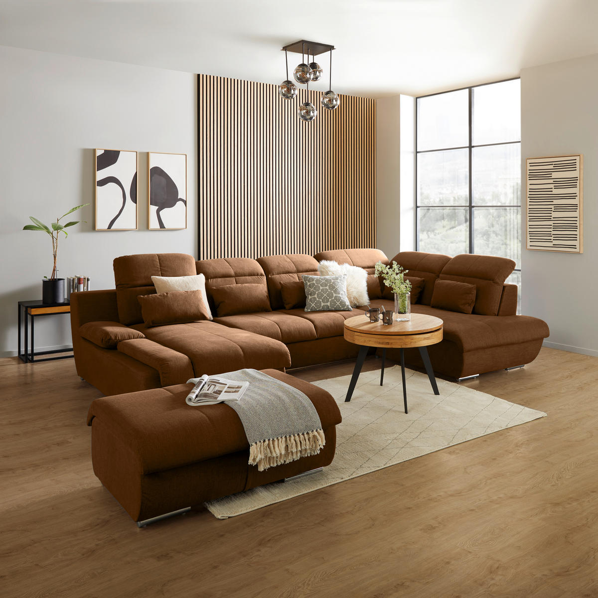 WOHNLANDSCHAFT Cognac Mikrofaser  - Chromfarben/Dunkelgrau, MODERN, Textil/Metall (184/345/228cm) - MID.YOU