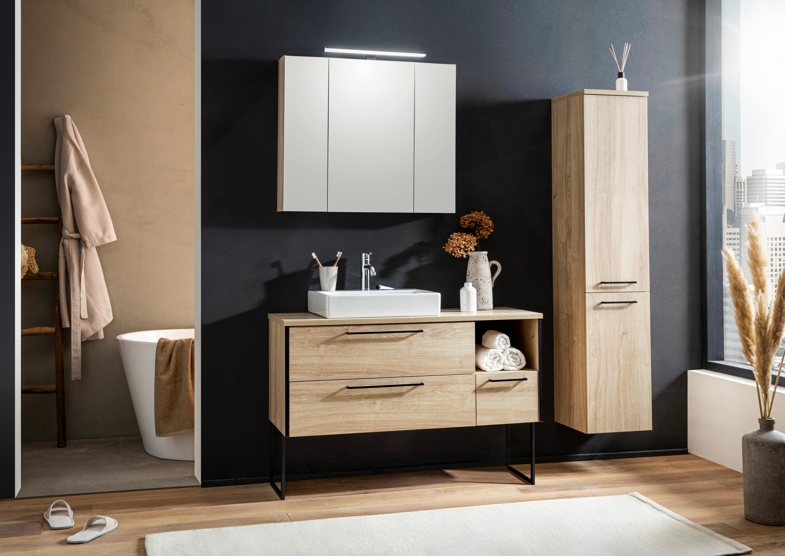 Thumbnail - Stylife Hochschrank Marte, Eiche, Holzwerkstoff, 4 Fächer, 33x161x35 cm, Made in Germany, hängend, Badezimmer, Badezimme...