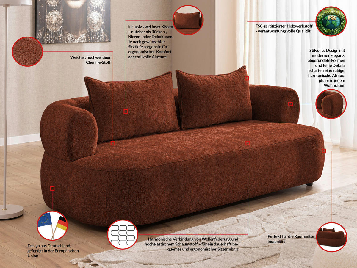 3-SITZER-SOFA Chenille Rostfarben  - Rostfarben/Schwarz, Design, Kunststoff/Textil (200/76/96cm) - Livetastic