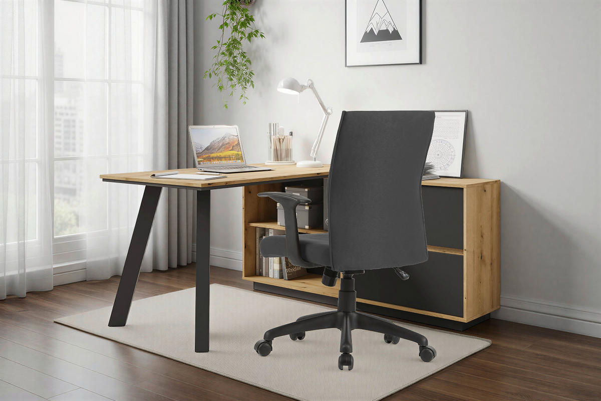 SCHREIBTISCH 138/150/75,4 cm Eichefarben   - Eichefarben/Schwarz, Modern, Holzwerkstoff (138/150/75,4cm) - MID.YOU