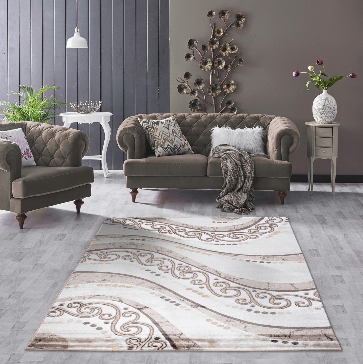 VINTAGE-TEPPICH 120/170 cm Eleysa Creme, Weiß, Graubraun  - Graubraun/Creme, LIFESTYLE, Textil (120/170cm)