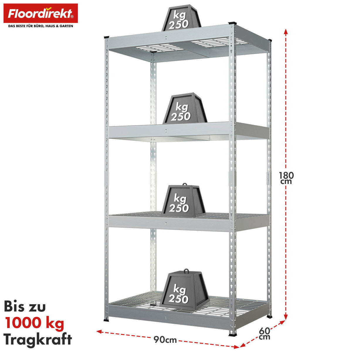 SCHWERLASTREGAL 90/180/60 cm  - Zinkfarben, Basics, Metall (90/180/60cm) - Floordirekt