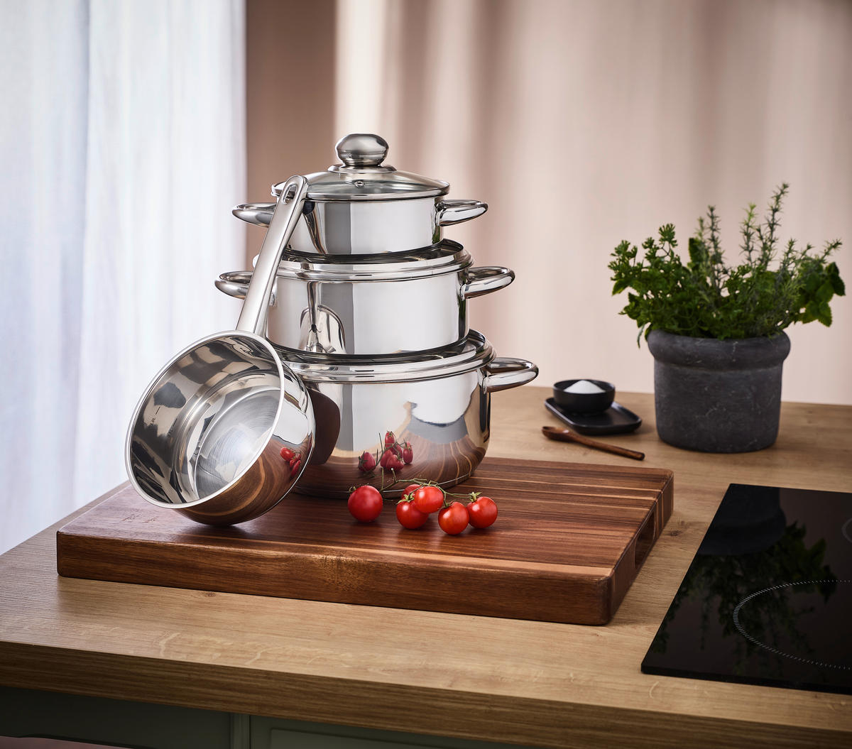 SET LONACA ZA KUHANJE  4-dijelni   - boje oplemenjenog čelika/prozirno, Basics, staklo/metal - Boxxx