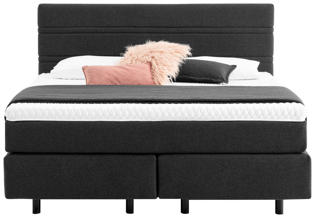 BOXSPRINGBETT 180/200 cm,  in Dunkelgrau, Matratze, Kissen, gepolstertes Kopfteil, Topper, H2 + H3 = mittel + fest  - Dunkelgrau/Schwarz, KONVENTIONELL, Holz/Textil (180/200cm) - Novel