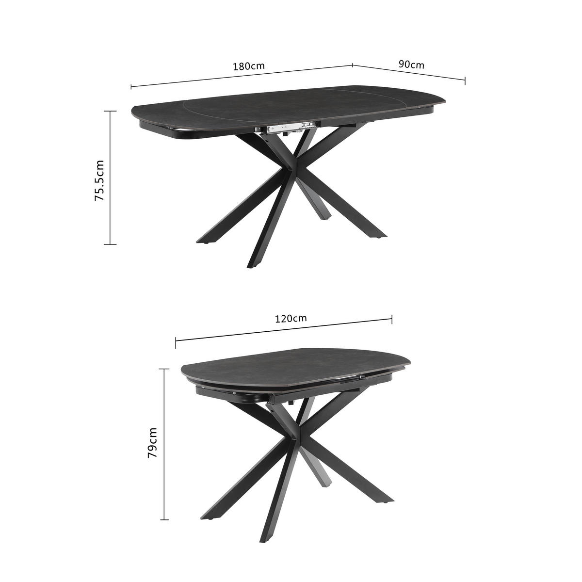 ESSTISCH 120-180/90/75.5-79 cm  Metall, Stein ausziehbar oval Grau, Schwarz  - Schwarz/Grau, MODERN, Stein/Metall (120-180/90/75.5-79cm) - P & B