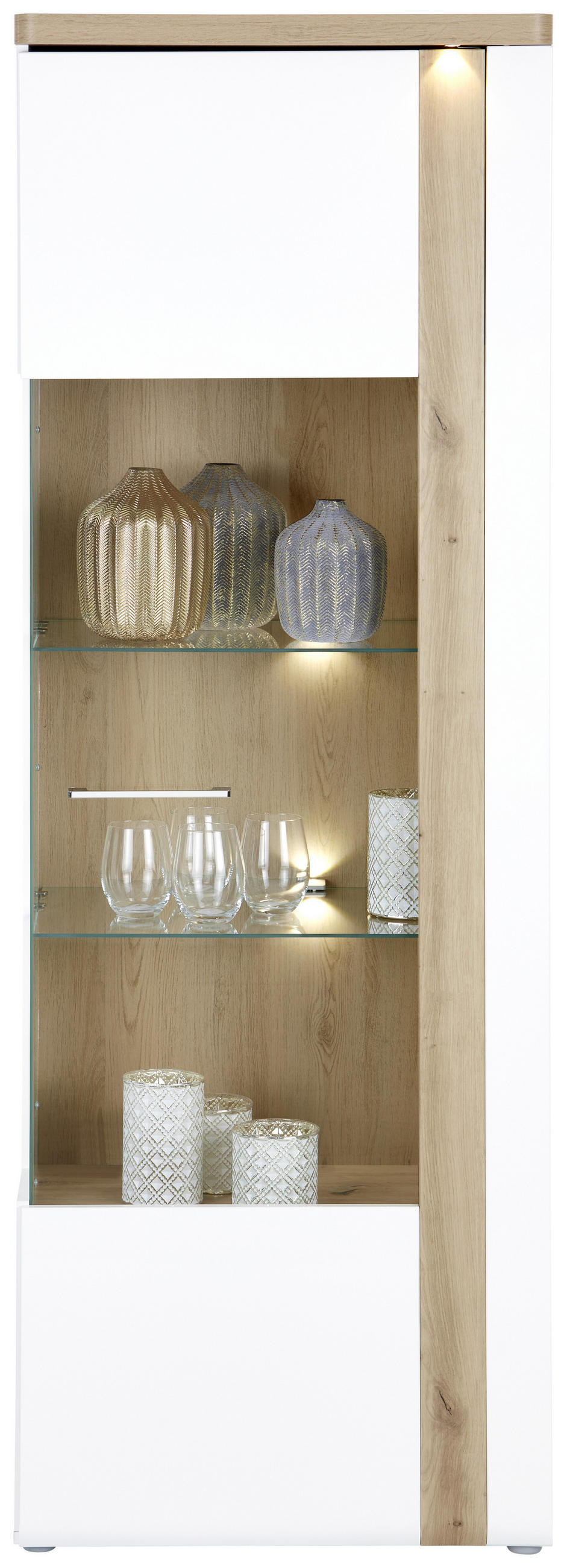 VITRINE in Eichefarben, Weiß Hochglanz  - Chromfarben/Eichefarben, MODERN, Glas/Holzwerkstoff (66,5/196/43,2cm)