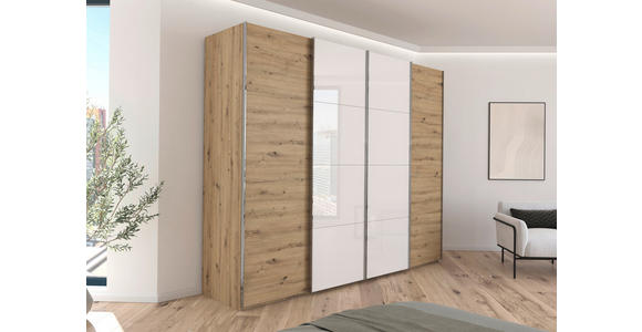 SCHWEBETÜRENSCHRANK 271/223/68 cm 4-türig Weiß, Eiche Artisan  - Chromfarben/Weiß, KONVENTIONELL, Glas/Holzwerkstoff (271/223/68cm) - Novel