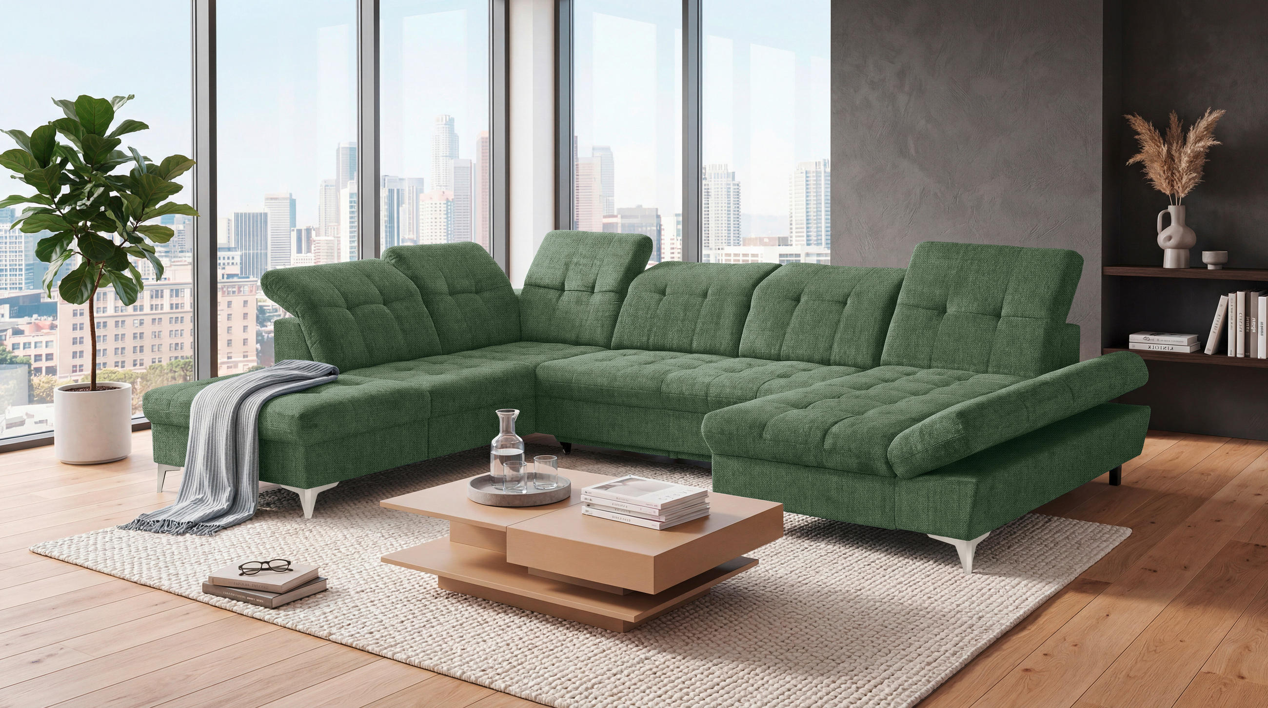 WOHNLANDSCHAFT MERCY Dunkelgrün Mikrovelours  - Kaschmir/Dunkelgrün, MODERN, Kunststoff/Textil (245/348/168cm) - MID.YOU