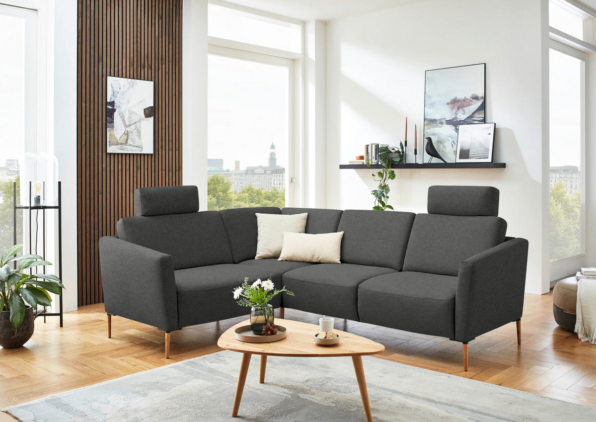 ECKSOFA  in Flachgewebe Dunkelgrau Rücken echt  189/236 cm  - Eichefarben/Dunkelgrau, Design, Holz/Textil (189/236cm) - Valnatura