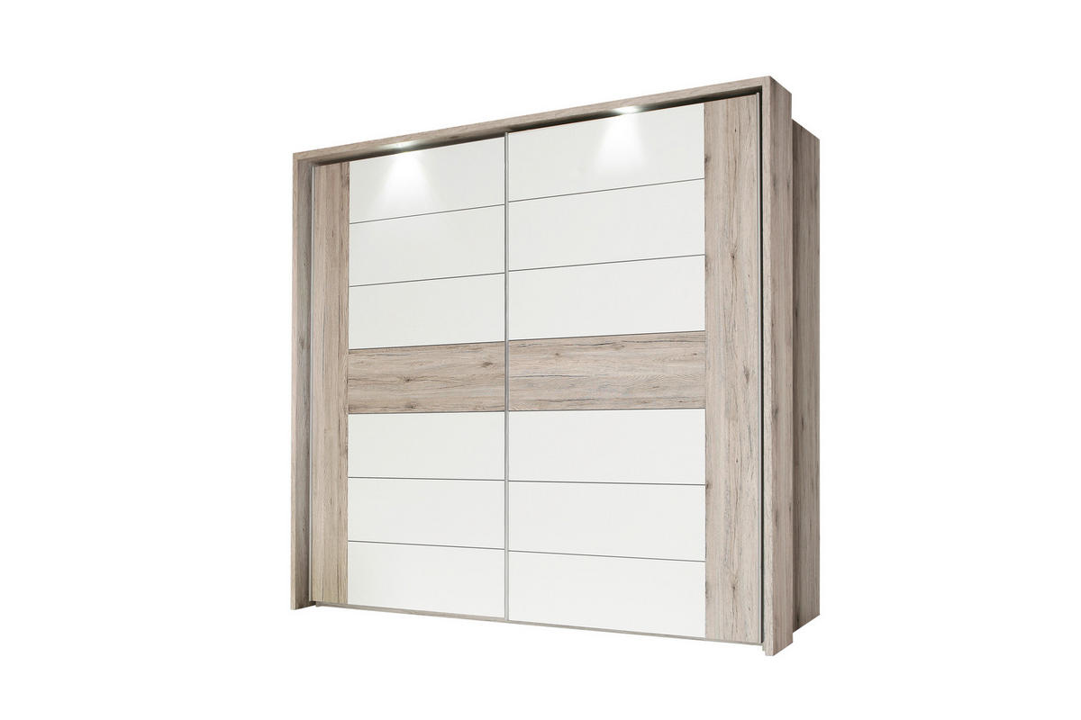 OMARA Z DRSNIMI VRATI, bela, barve hrasta, peščene barve  - barve nerjavečega jekla/barve hrasta, Design, kovina/umetna masa (269,9/209,7/61,2cm) - Novel