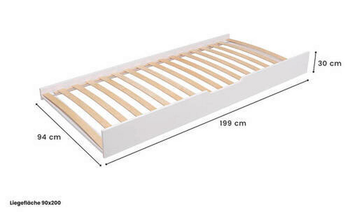 AUSZIEHBETT 90/200 cm,  in Weiß, Bettkasten, Rollrost für Zusatzbett, Rollrost für Hauptbett  - Naturfarben/Weiß, MODERN, Holz (90/200cm) - MID.YOU
