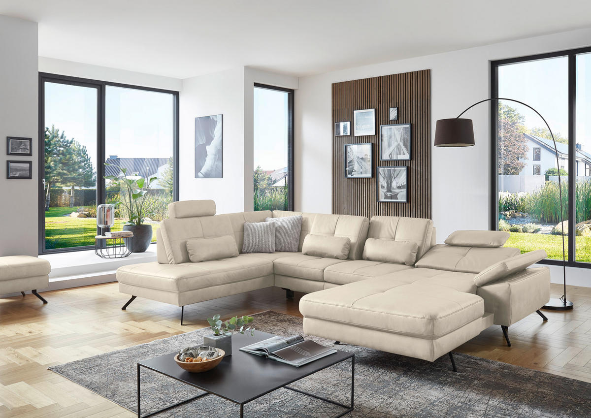 WOHNLANDSCHAFT in Lederlook, Mikrofaser Creme, Naturfarben  - Creme/Schwarz, Design, Textil/Metall (220/345cm) - Beldomo System