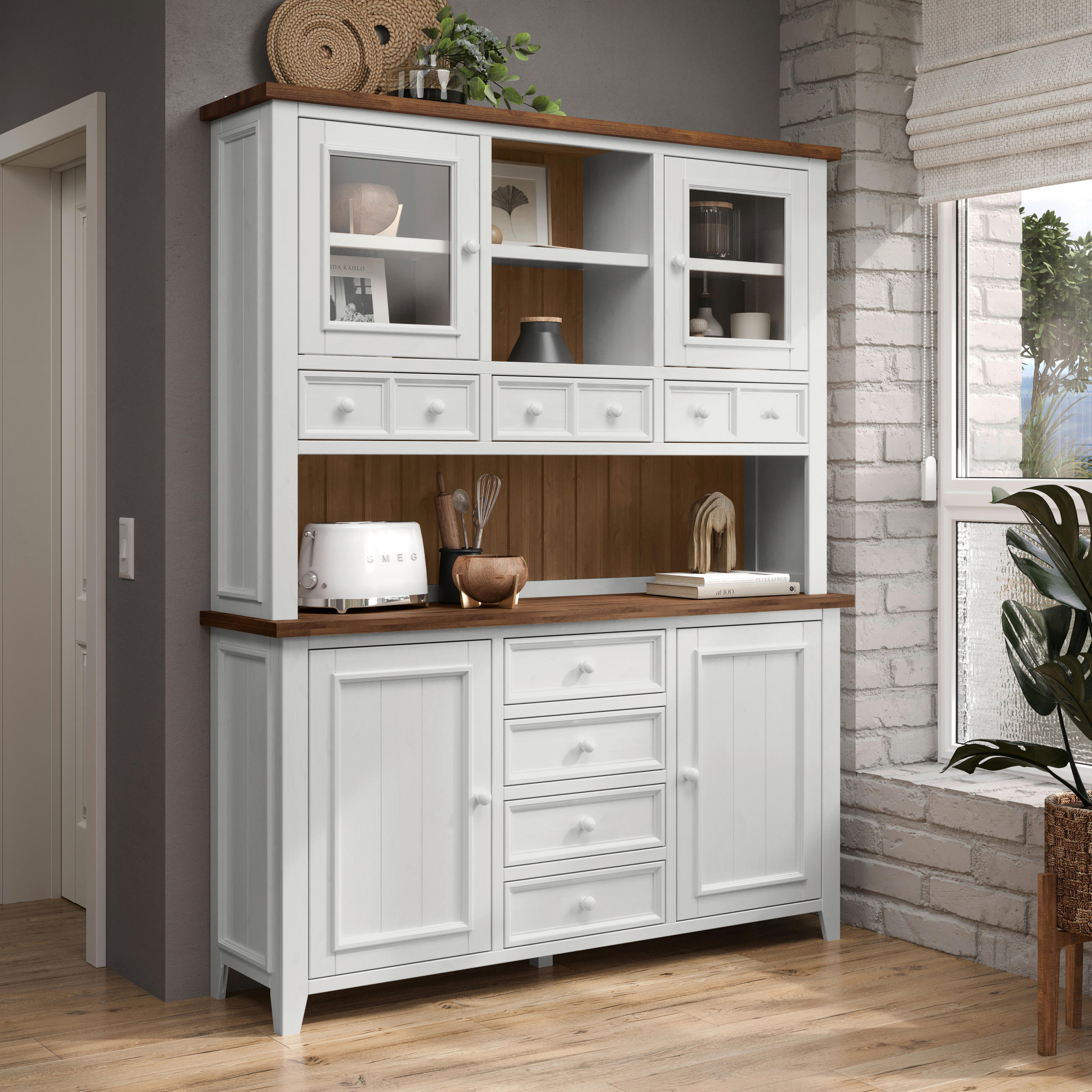 BUFFET 159/200/40 cm  in Weiß, Eiche dunkel  - Eiche dunkel/Weiß, MODERN, Glas/Holz (159/200/40cm) - MID.YOU