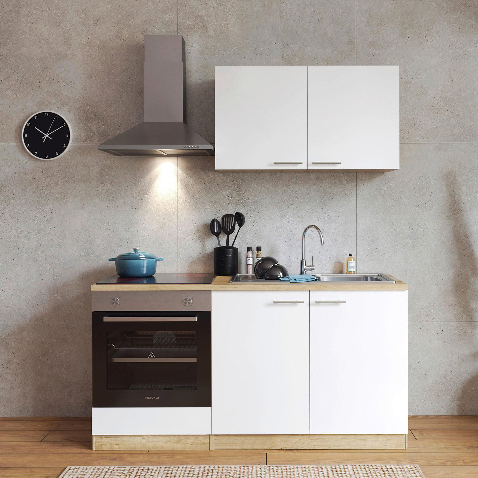 MINIKÜCHE 160 cm   in Weiß  - Eichefarben/Weiß, Design, Holzwerkstoff/Metall (160cm) - Respekta