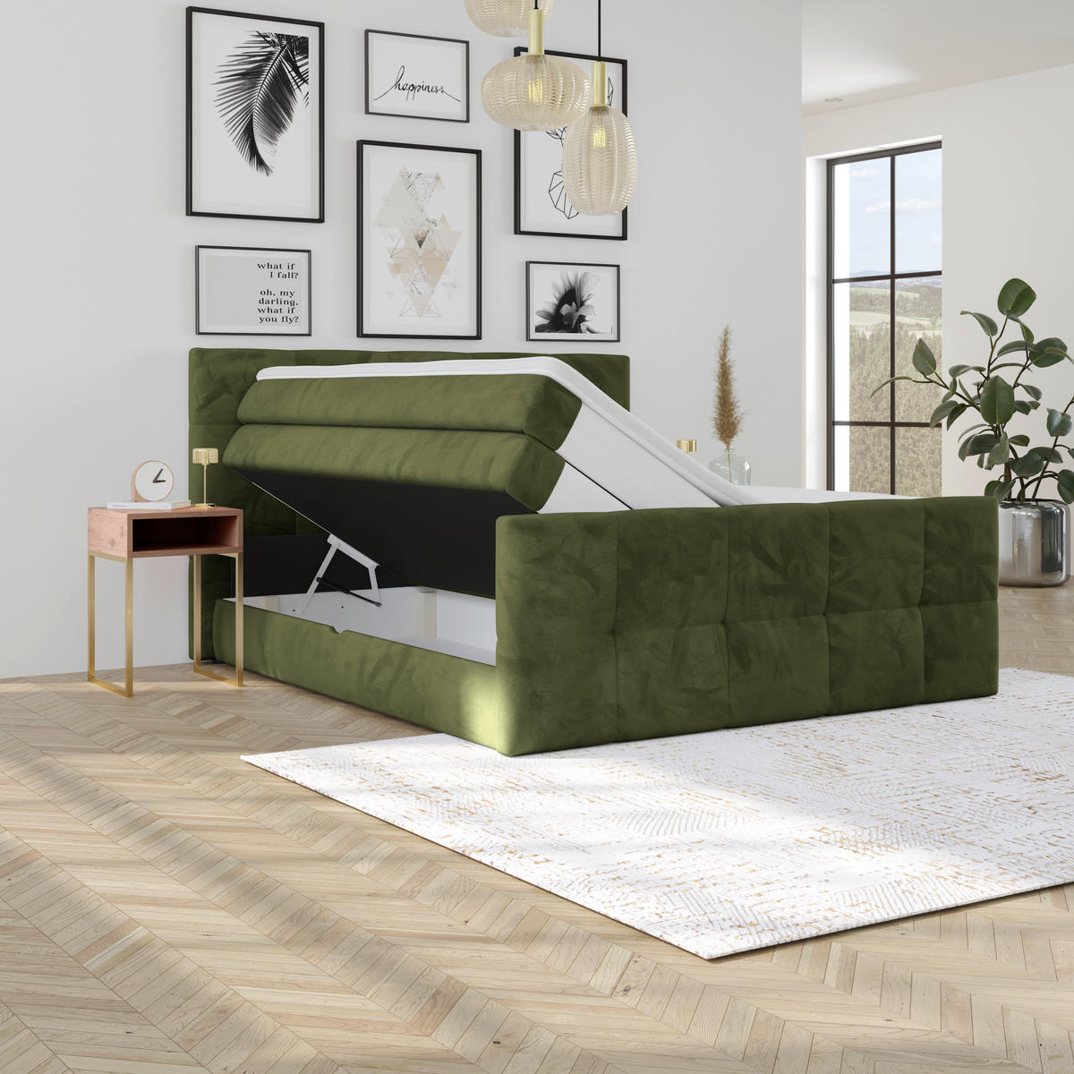 BOXSPRINGBETT 180/200 cm,  in Dunkelgrün, gepolstertes Kopfteil, Bettkasten, Topper, Matratzen, H3 + H3 = fest  - Dunkelgrün, KONVENTIONELL, Holz/Holzwerkstoff (180/200cm) - Luca Bessoni