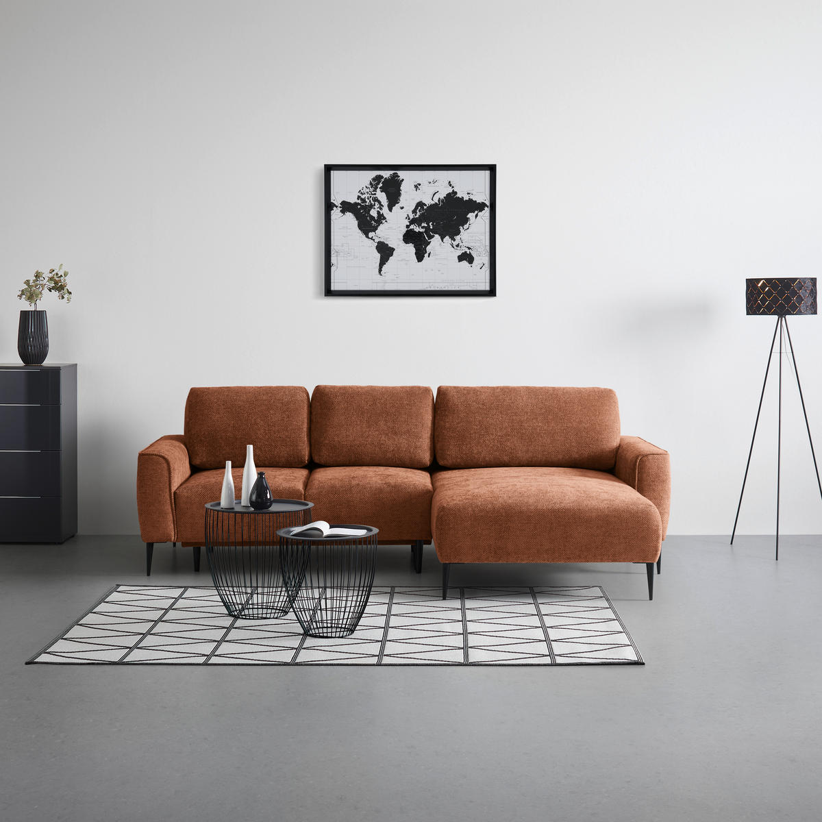 ECKSOFA Webstoff Terracotta  - Terracotta/Schwarz, Modern, Textil/Metall (255/164cm) - MID.YOU