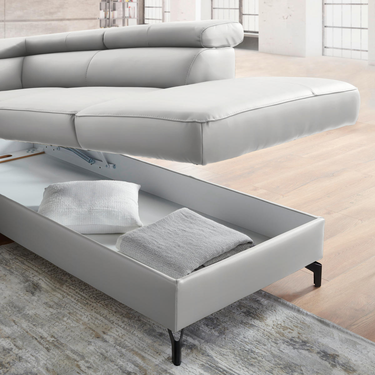 ECKSOFA in Echtleder Weiss  - Weiss/Schwarz, Design, Leder/Metall (256/220cm) - Celina Home