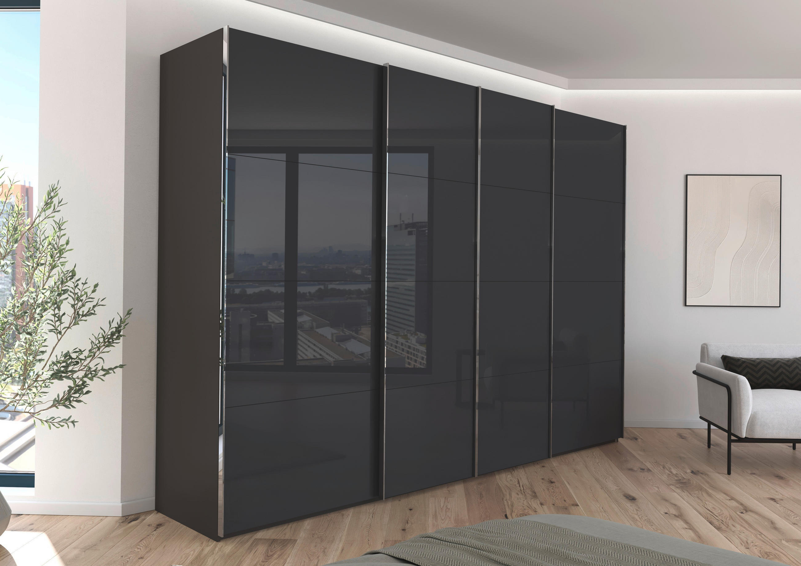 SCHWEBETÜRENSCHRANK 316/235/68 cm 4-türig Graphitfarben, Grau  - Chromfarben/Graphitfarben, Design, Glas/Holzwerkstoff (316/235/68cm) - Novel