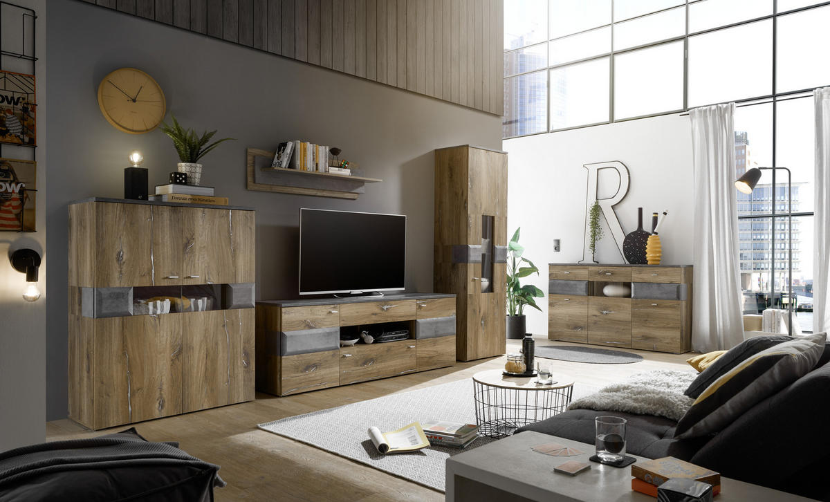 HIGHBOARD  in 100/128/42 cm  - Dunkelgrau/Eichefarben, KONVENTIONELL, Glas/Holzwerkstoff (100/128/42cm) - MID.YOU