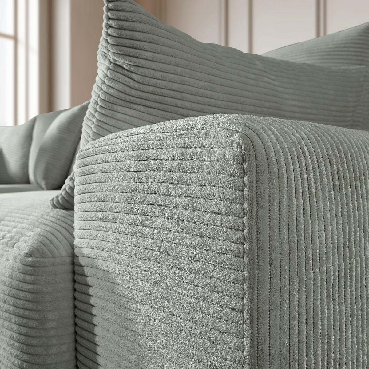 ECKSOFA in Cord Salbeigrün  - Salbeigrün/Schwarz, Design, Kunststoff/Textil (205/340cm) - Lomoco