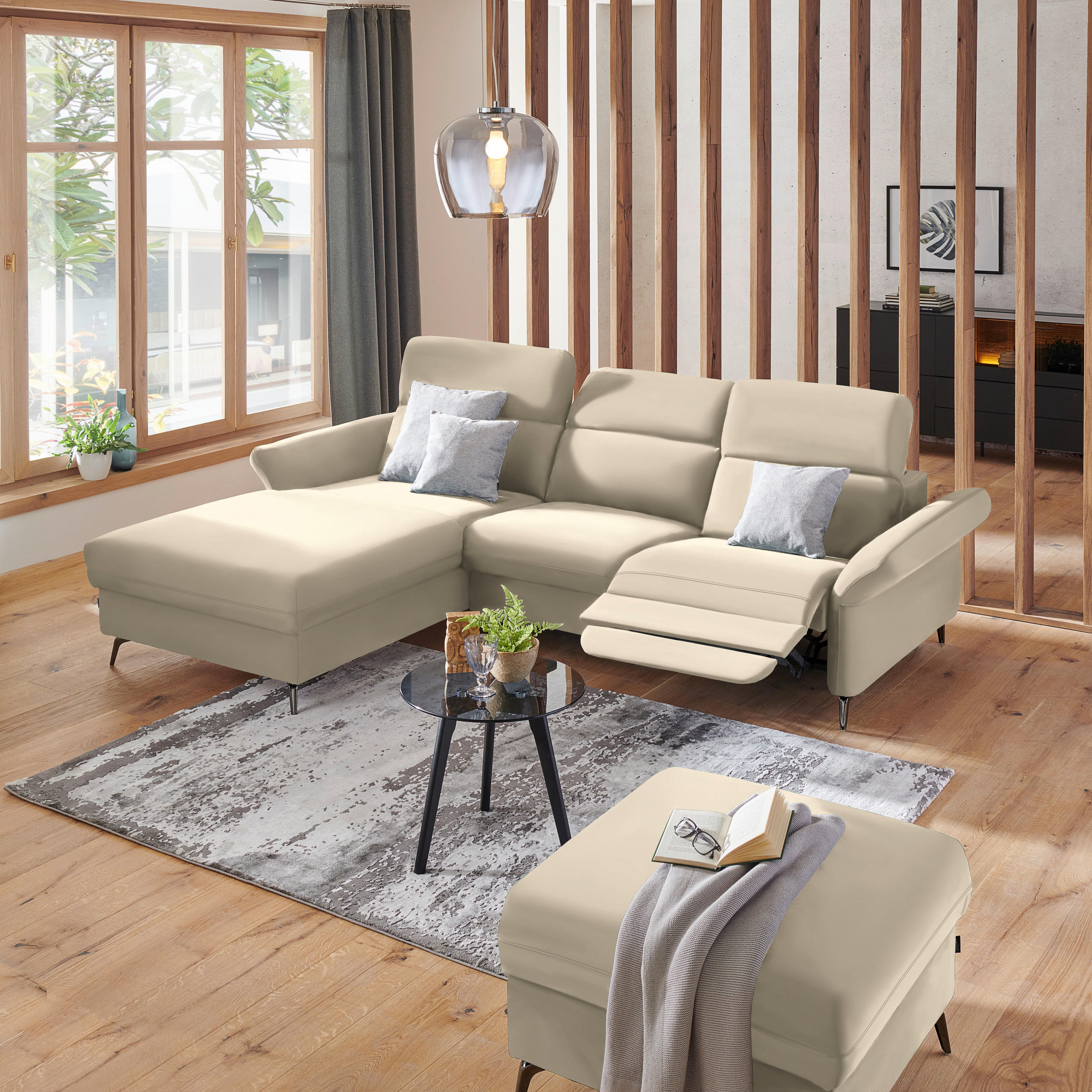ECKSOFA Beige Echtleder  - Beige/Schwarz, Natur, Leder/Metall (199/285cm) - Valnatura
