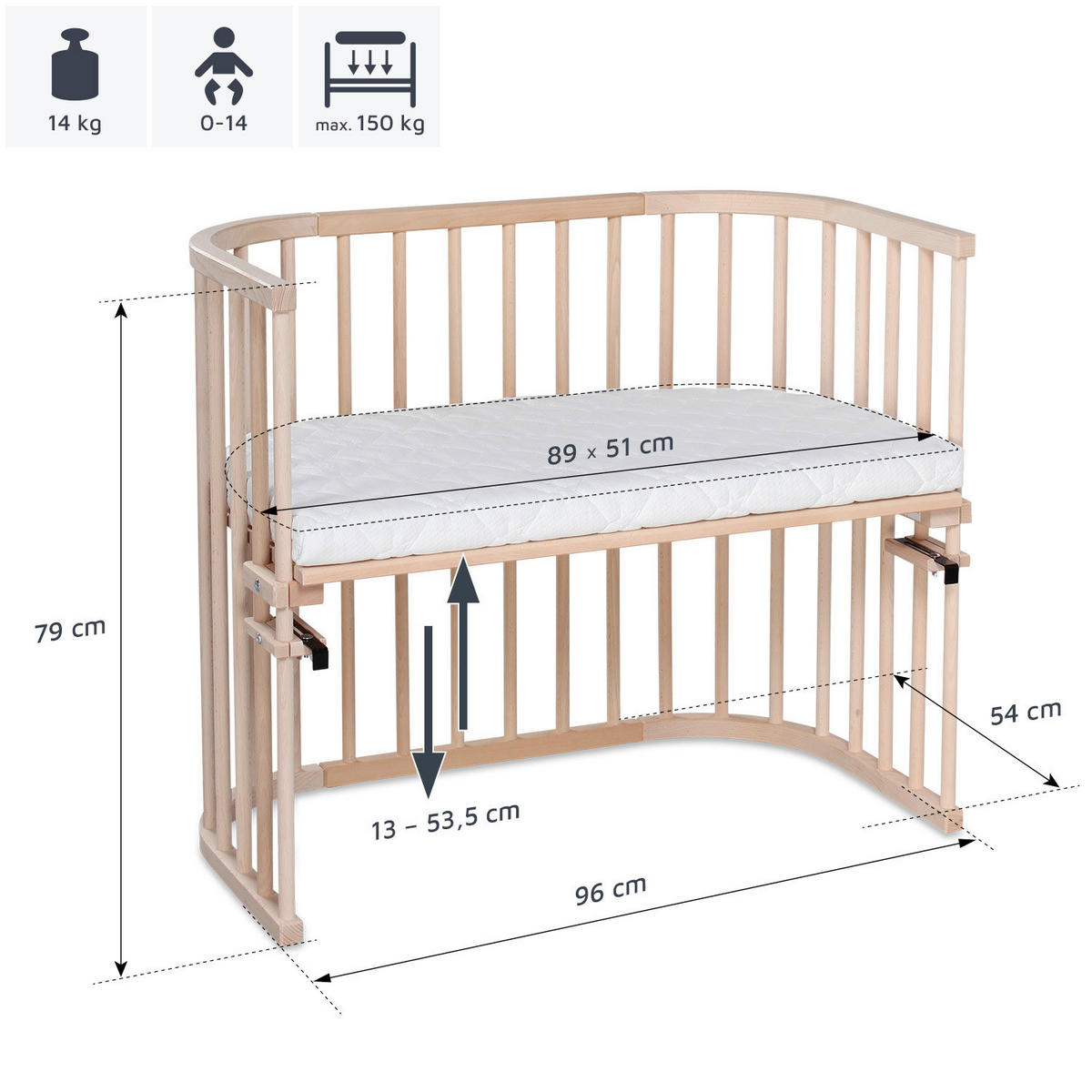 BEISTELLBETT  96/54/79 cm  - Naturfarben, Basics, Holz (96/54/79cm) - Babybay