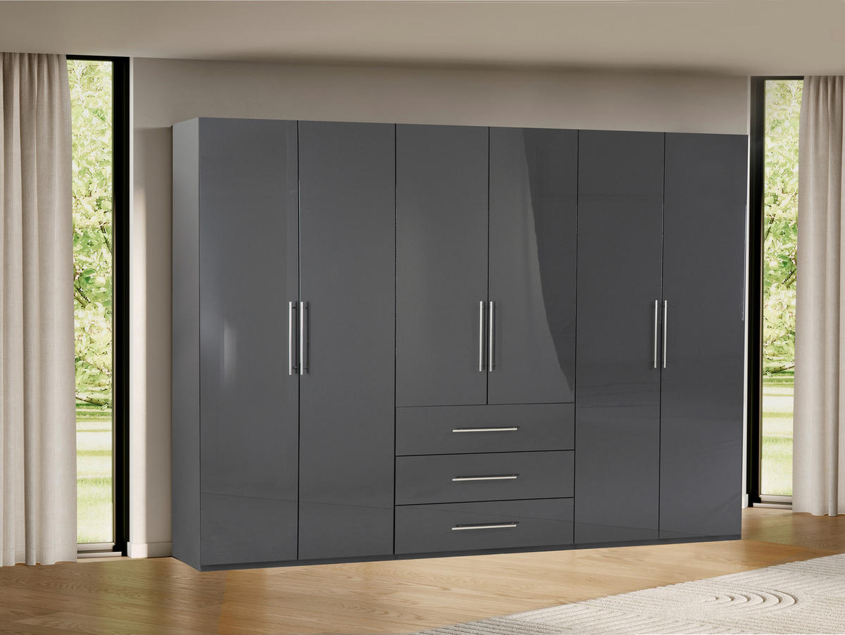 KLEIDERSCHRANK 294/219/59 cm 6-türig Anthrazit, Anthrazit Hochglanz  - Anthrazit/Anthrazit Hochglanz, KONVENTIONELL, Holzwerkstoff/Metall (294/219/59cm) - Carryhome