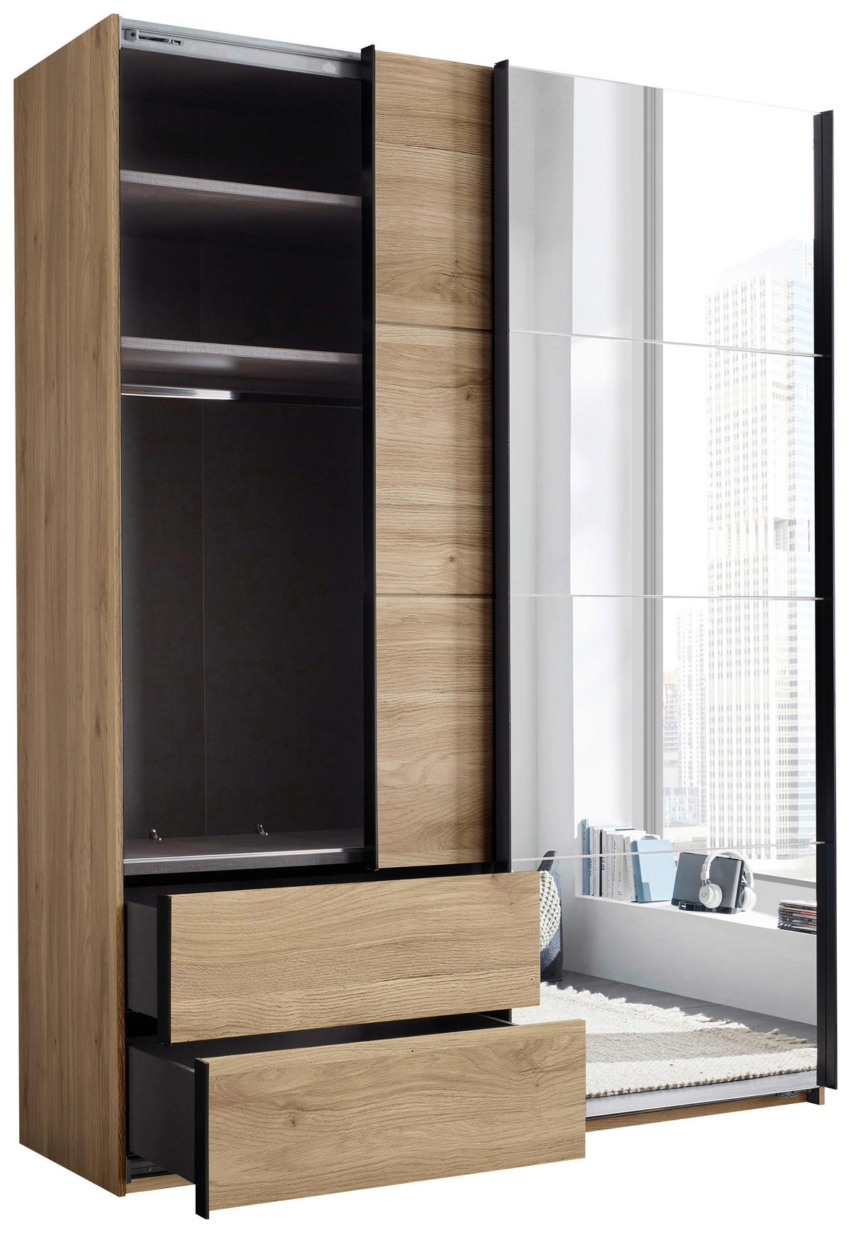 SCHWEBETÜRENSCHRANK  in Eichefarben  - Eichefarben/Schwarz, MODERN, Glas/Holzwerkstoff (170/225,5/60,5cm) - Xora
