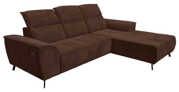 ECKSOFA Dunkelbraun Cord Rücken echt, Kopfteilverstellung, Sitzvorzug  - Dunkelbraun/Schwarz, KONVENTIONELL, Textil/Metall (290/196cm) - Carryhome