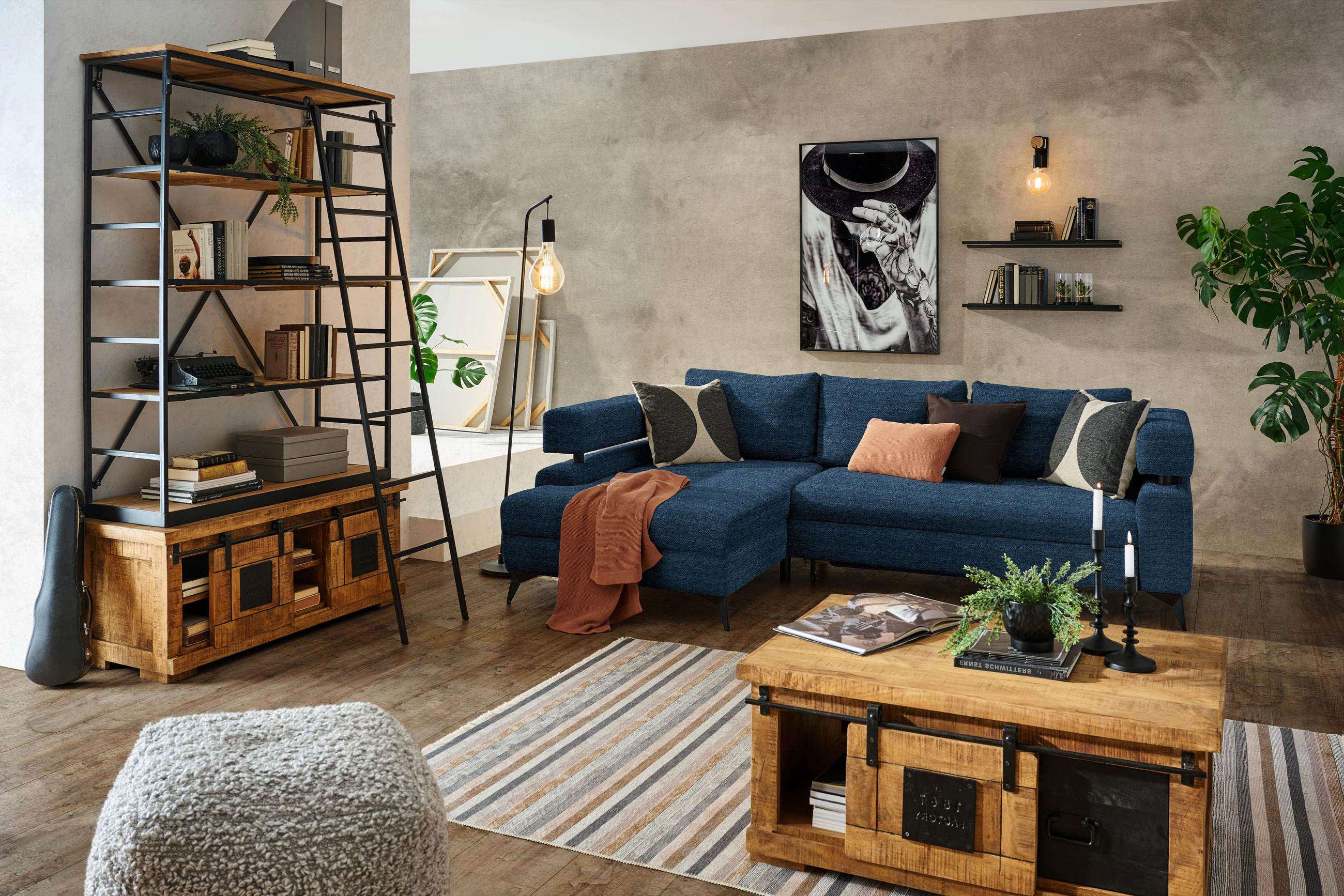 ECKSOFA in Chenille Dunkelblau  - Schwarz/Dunkelblau, Konventionell, Textil/Metall (184/265cm) - Hom`in