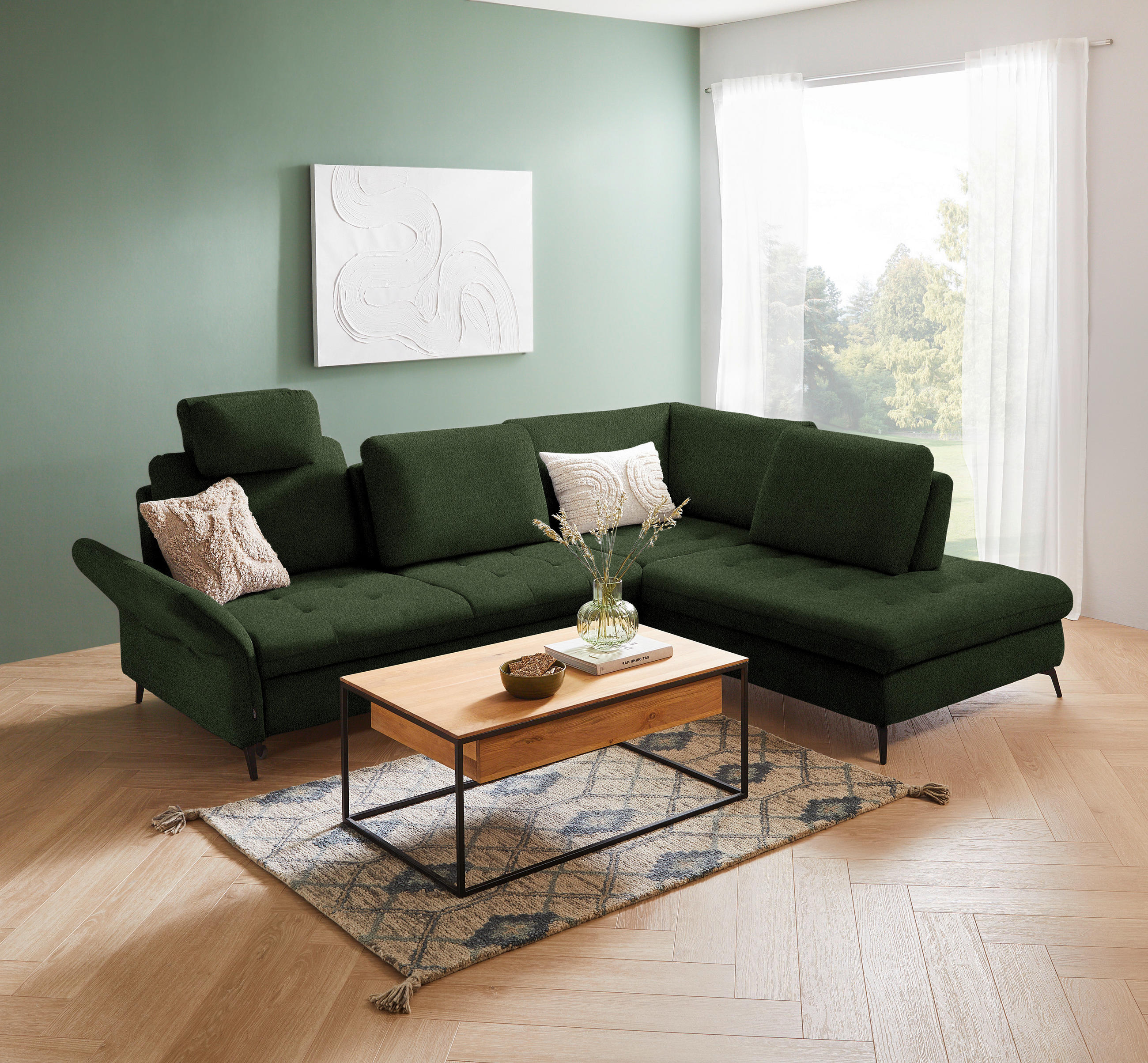 ECKSOFA Olivgrün Flachgewebe  - Schwarz/Olivgrün, Natur, Textil/Metall (288/233cm) - Valnatura