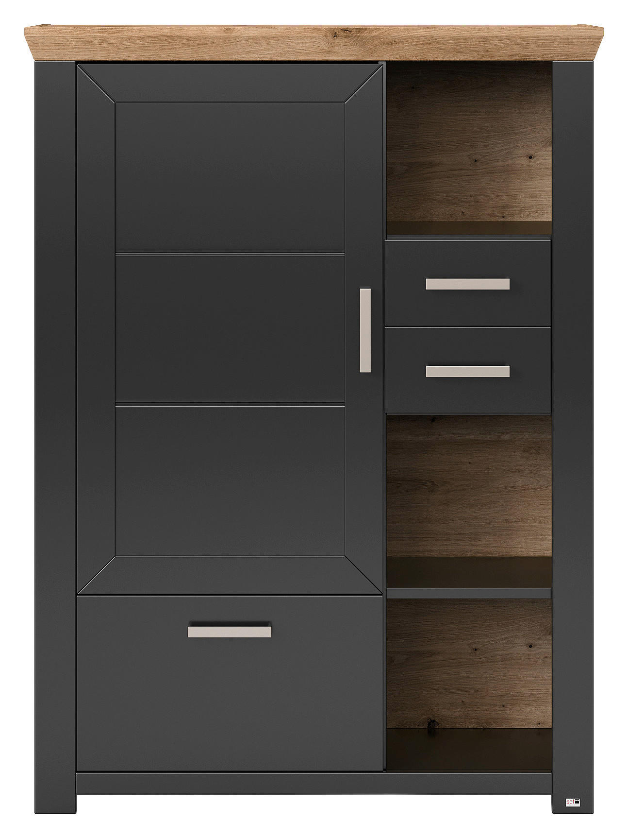 Thumbnail - SetOne by Musterring Highboard, Graphit, Eiche Artisan, Metall, 2 Fächer, 3 Schublade(n) Schubladen, 104.5x142.6x42.2 cm...