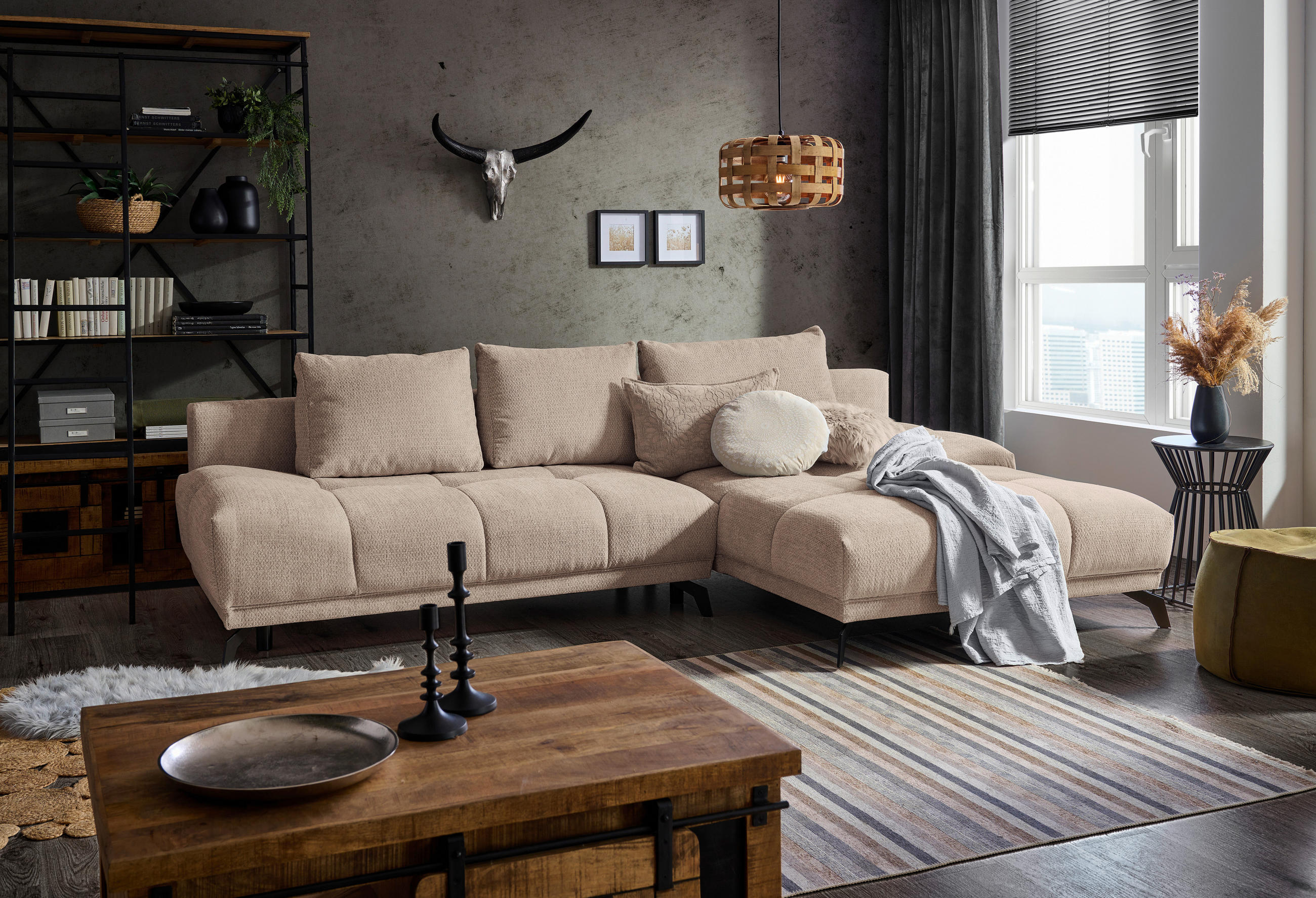 ECKSOFA Beige Chenille  - Beige/Schwarz, MODERN, Textil/Metall (290/182cm) - Hom`in
