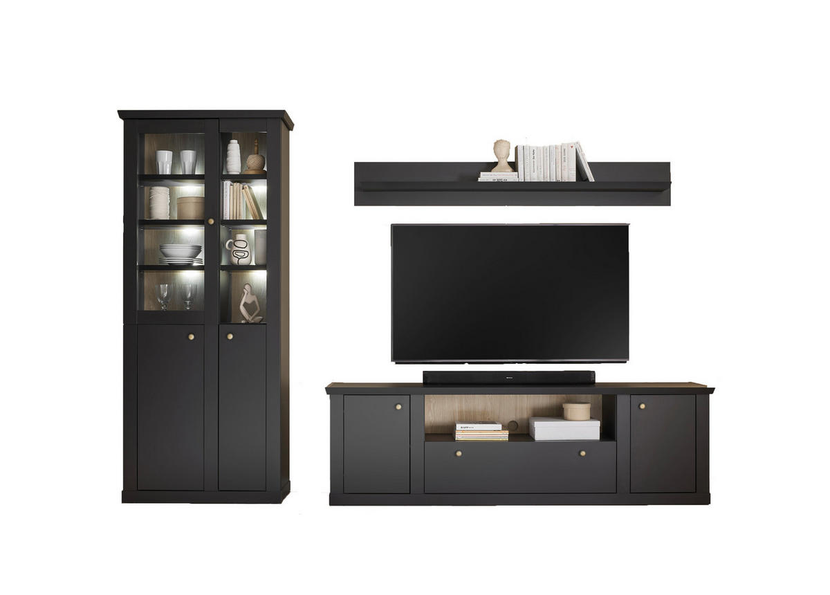 WOHNWAND 3-teilig  in Schwarz, Eichefarben  301/200/42 cm  - Eichefarben/Messingfarben, Design, Holzwerkstoff/Metall (301/200/42cm) - MID.YOU