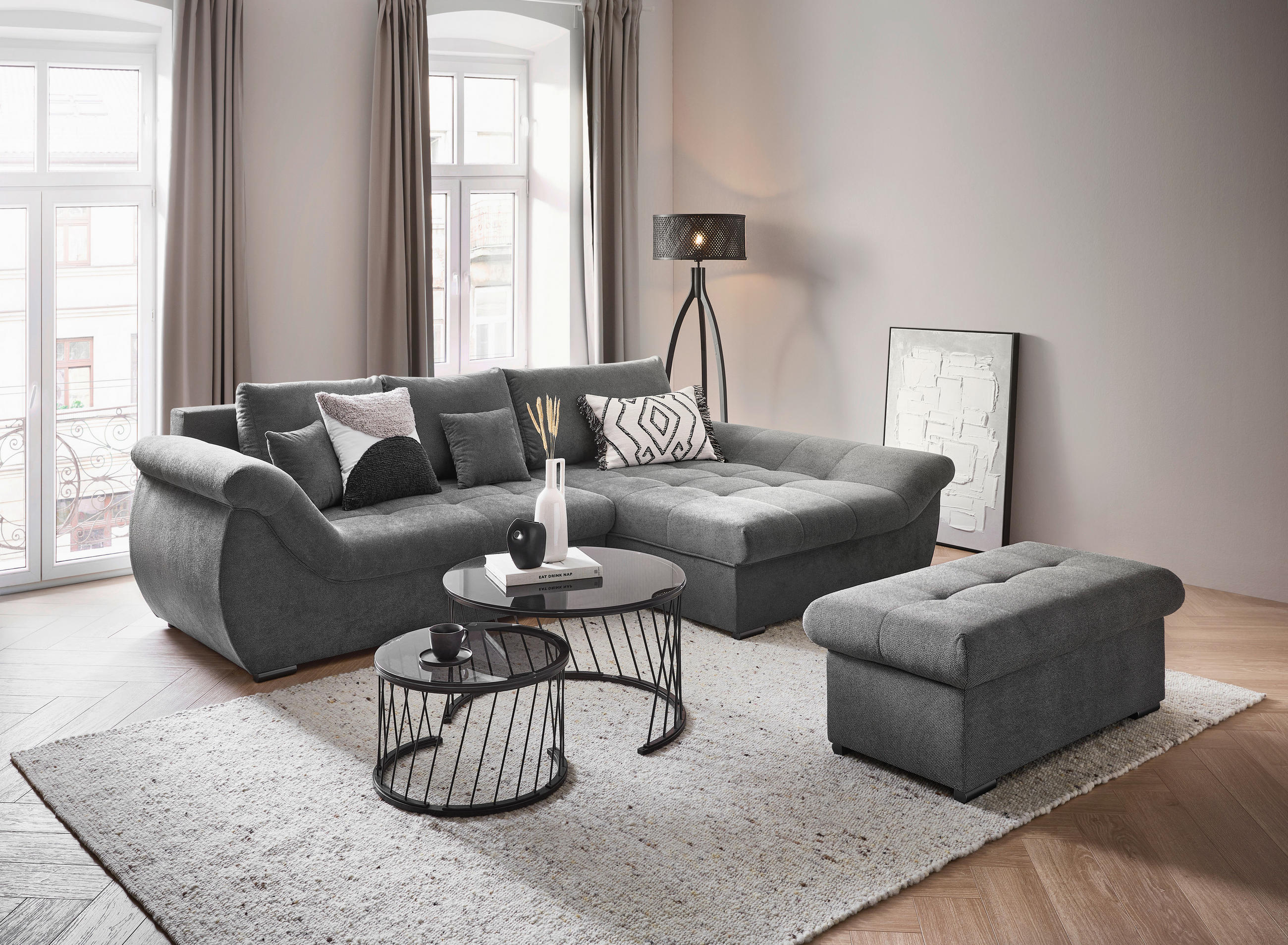 Thumbnail - Xora Ecksofa, Grau, Textil, 3-Sitzer, Füllung: Schaumstoffflocken,Silikon, Schaumstoffflocken,Silikon, Schaumstoffflocke...