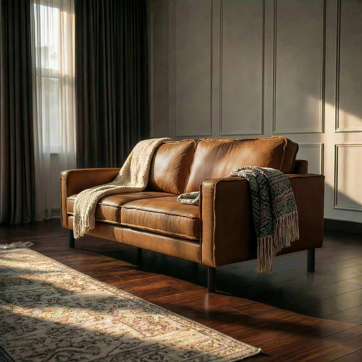 2,5-SITZER  in Echtleder Cognac   - Cognac/Schwarz, Design, Leder/Metall (168/85/92cm) - Livetastic
