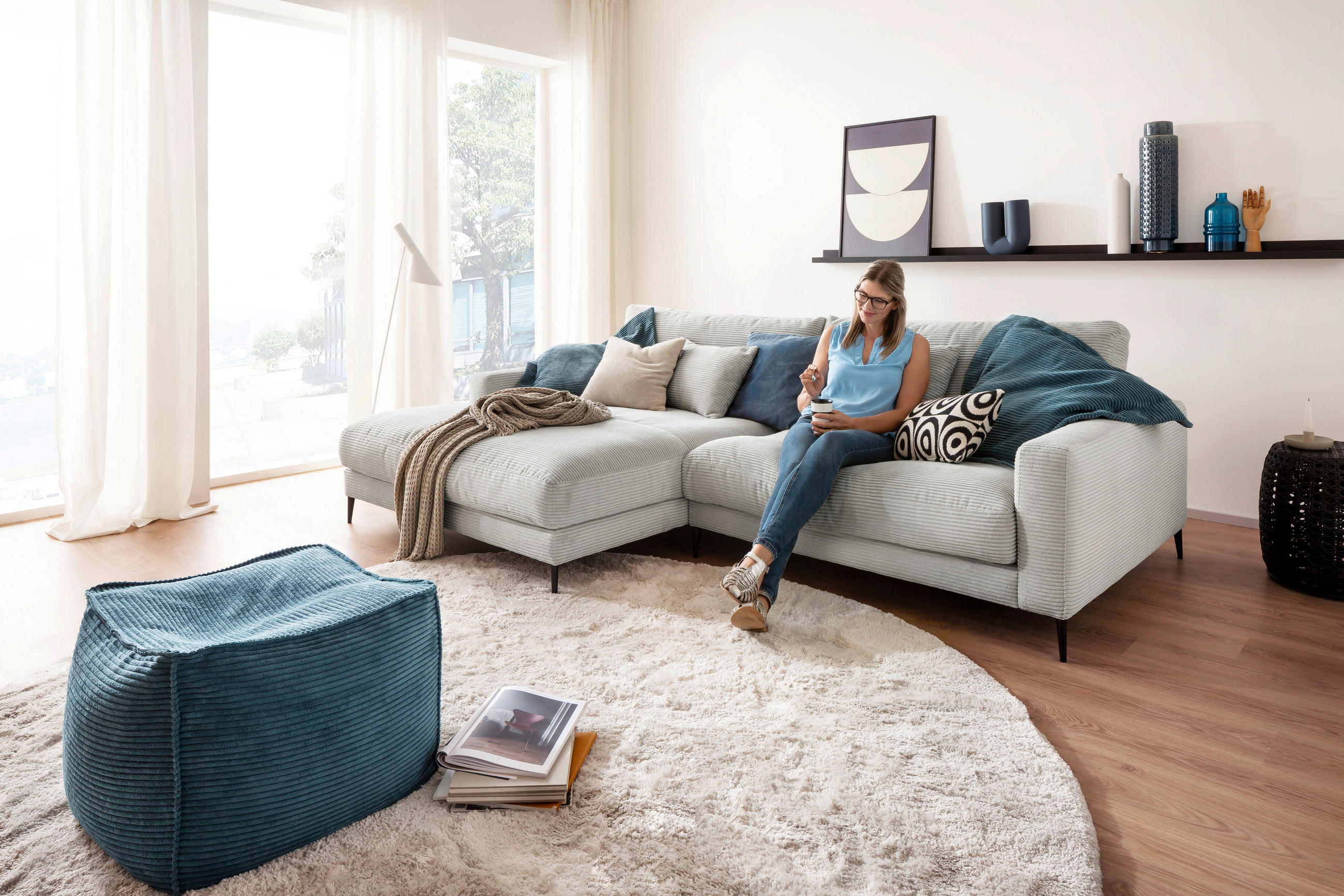 ECKSOFA in Cord Grau  - Schwarz/Grau, Design, Textil/Metall (190/272cm) - Lomoco