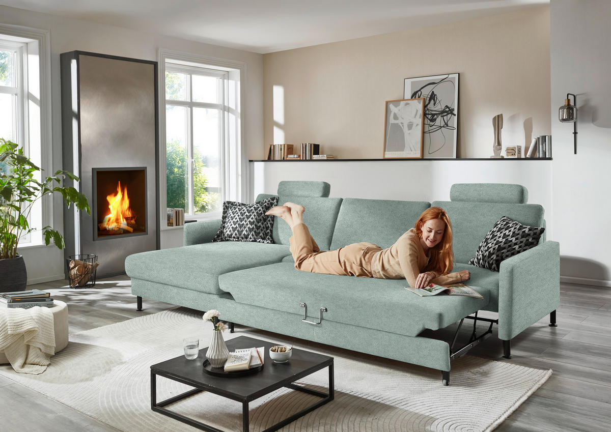 ECKSOFA  in Chenille, Flachgewebe Mintgrün  175/316 cm  - Schwarz/Mintgrün, Design, Textil/Metall (175/316cm) - Dieter Knoll