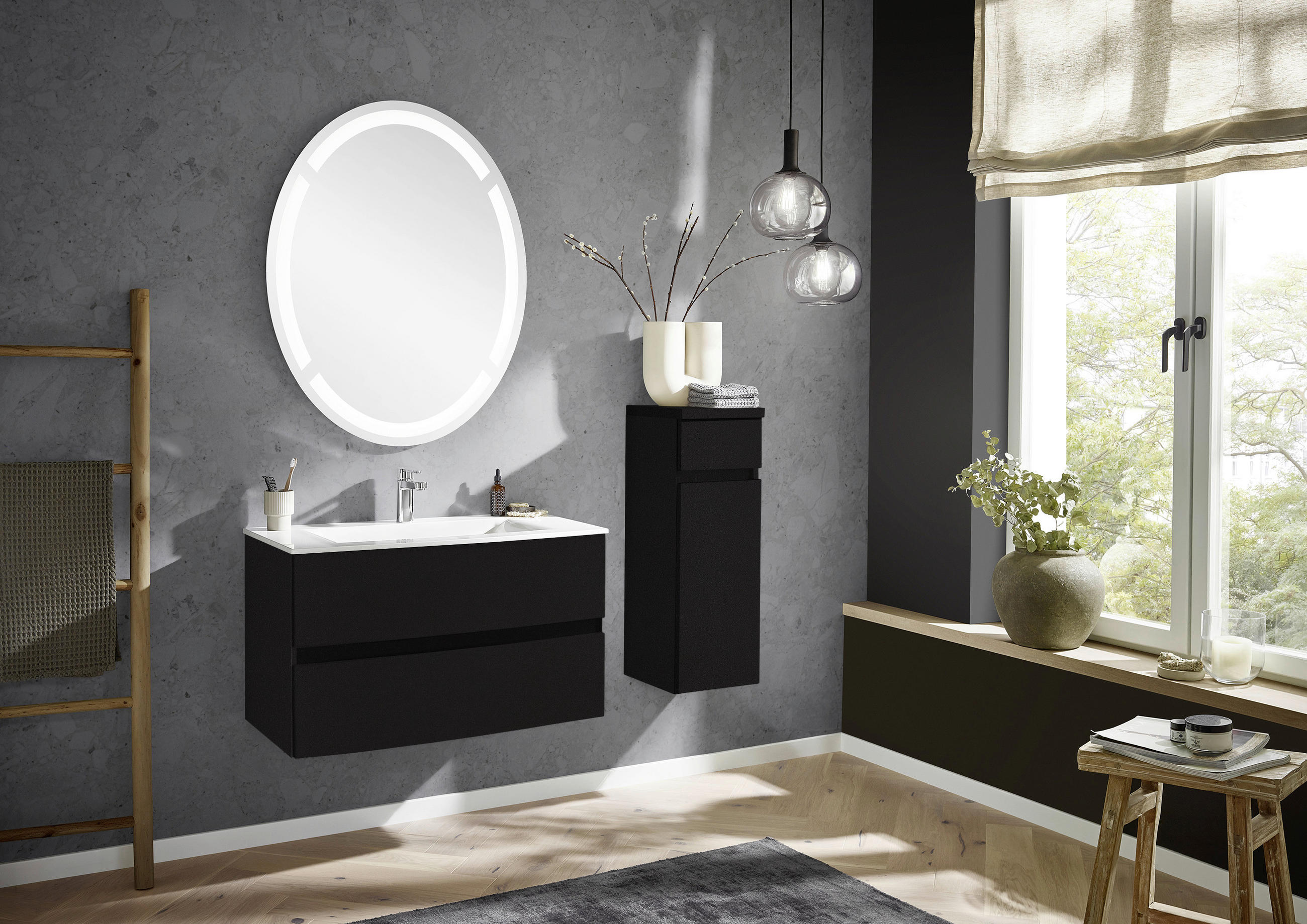 BADEZIMMER  in 91,2 cm  - Dunkelgrau/Weiß, Design, Holzwerkstoff/Stein (91,2cm) - Novel