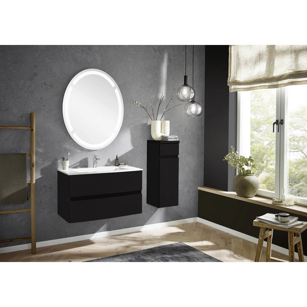 Thumbnail - Novel Badezimmer Nv.076, Dunkelgrau, Holzwerkstoff, 2 Schubladen, 91.2 cm, Goldenes M, Made in Germany, hängend, Zusatza...
